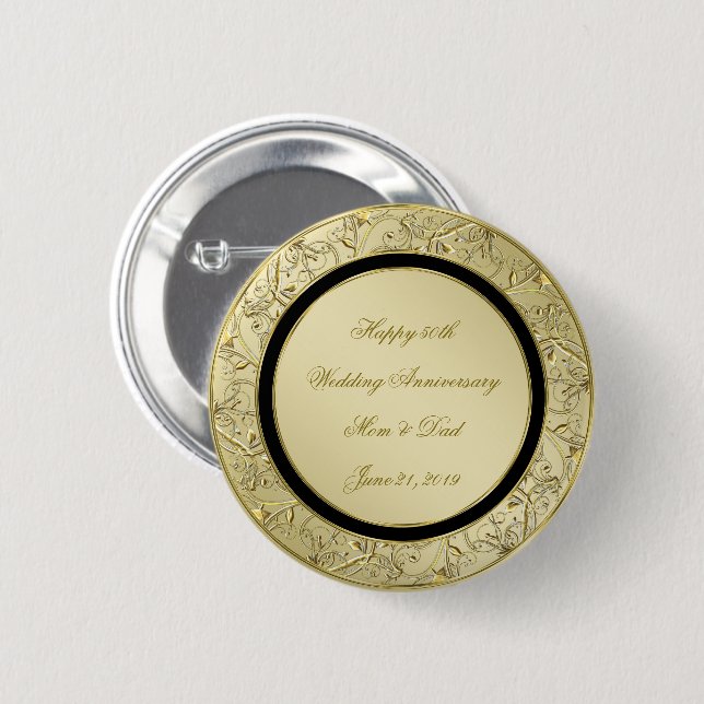 Flourish Gold Black 50th Wedding Anniversary 2 Inch Round Button (Front & Back)