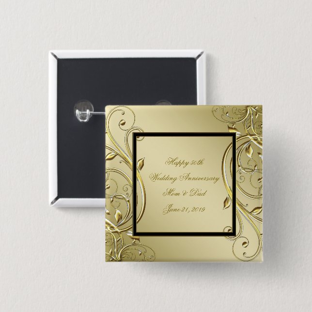 Flourish Gold Black 50th Wedding Anniversary 2 Inch Square Button (Front & Back)