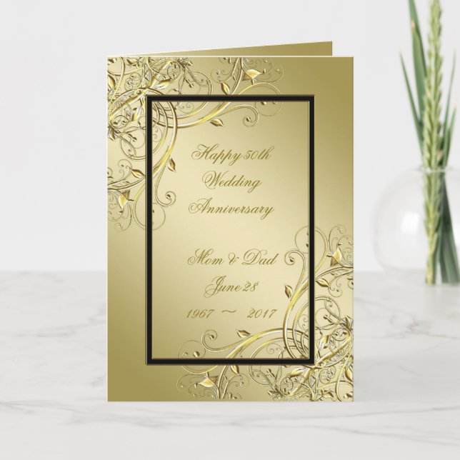 Flourish Gold Black 50th Wedding Anniversary Card (Front)