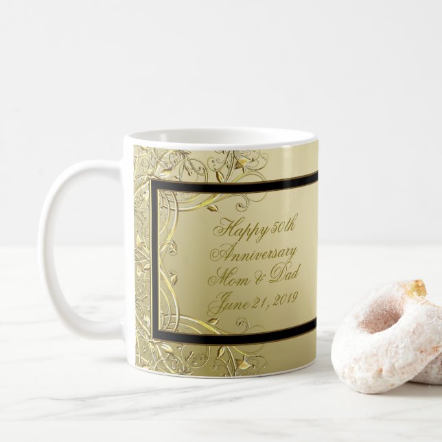 Flourish Gold Black 50th Wedding Anniversary Coffee Mug (With Donut)