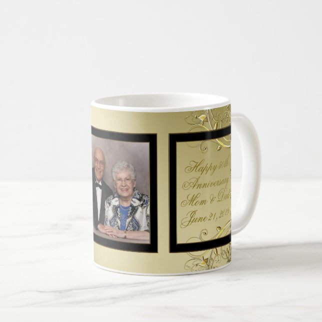 Flourish Gold Black 50th Wedding Anniversary Photo Coffee Mug (Front Right)