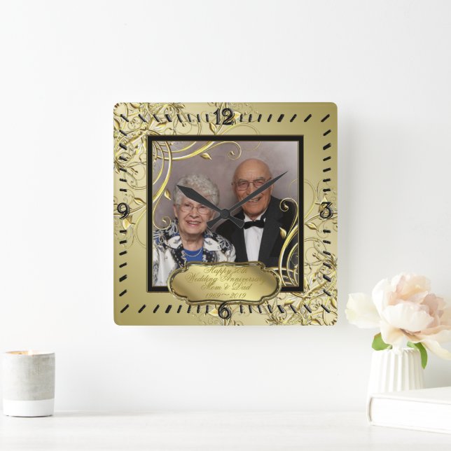 Flourish Gold Black 50th Wedding Anniversary Photo Square Wall Clock (Home)
