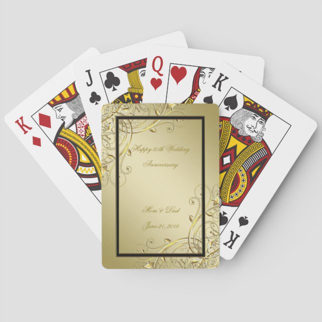 Flourish Gold Black 50th Wedding Anniversary Playing Cards (Back)