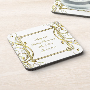 Flourish Gold White 50th Wedding Anniversary Coaster
