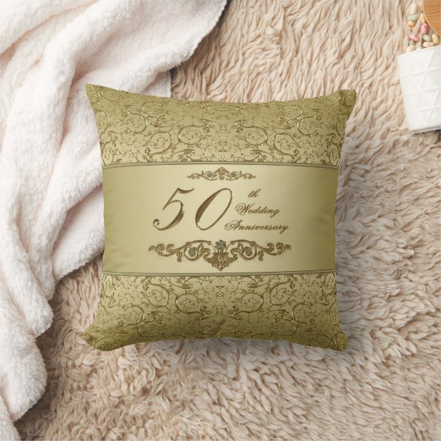 Flourish Golden 50th Wedding Anniversary Throw Pillow (Blanket)