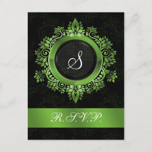 flourish green monogram elegant wedding RSVP Invitation Postcard