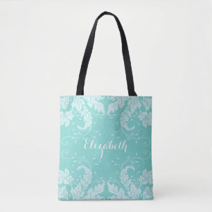 Flourish Leaves & Floral Personalized Tote (aqua) Bag