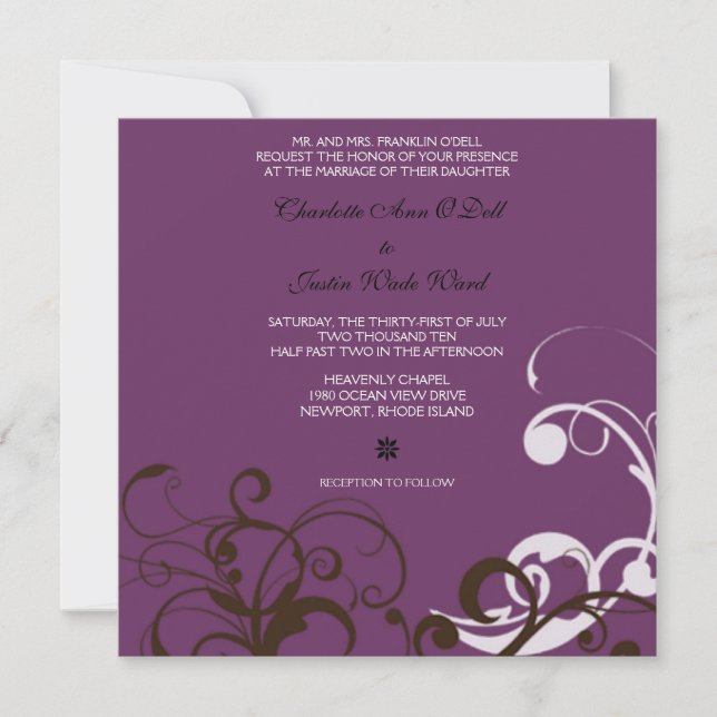 flourish; purple wedding invitation (Front)