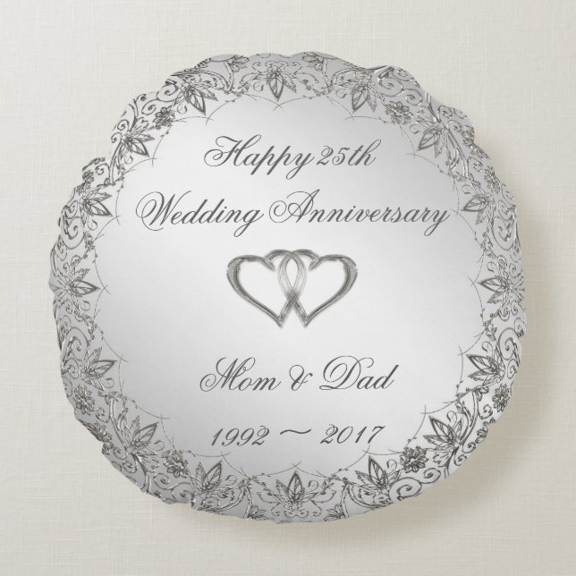 Flourish Silver 25th Wedding Anniversary Round Pillow (Front)