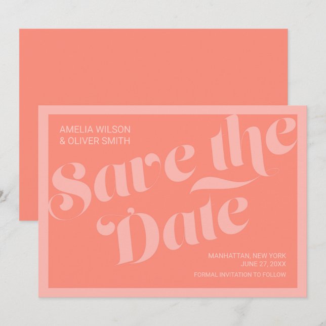 Flourish Typography Coral Salmon Save the Date (Front/Back)