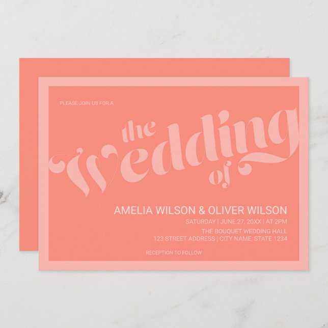 Flourish Typography Coral Salmon Wedding Invitation (Front/Back)