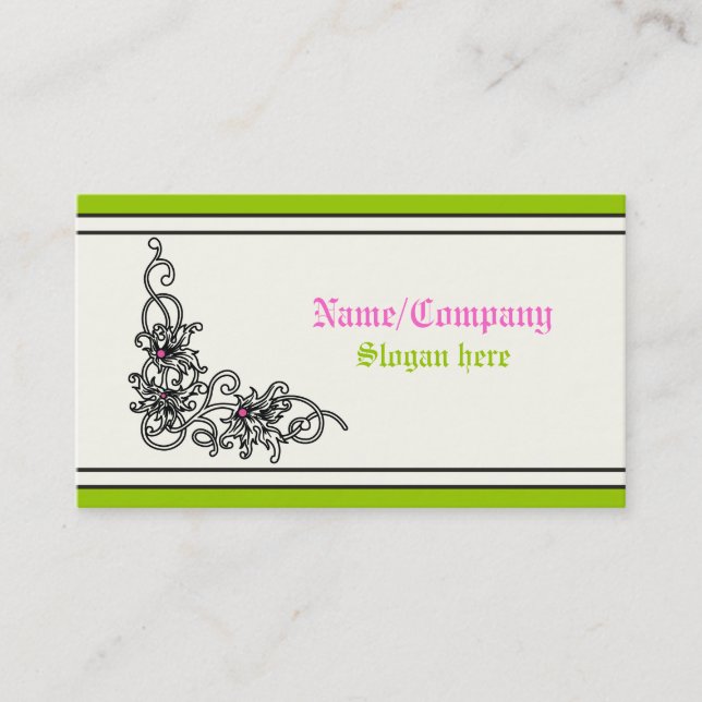 Flourish vine black green pink business cards (Front)