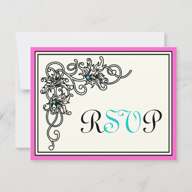 Flourish vine black pink turquoise wedding RSVP Card (Front)