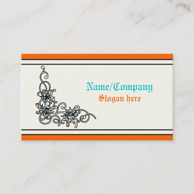 Flourish vine black turquoise orange business card (Front)