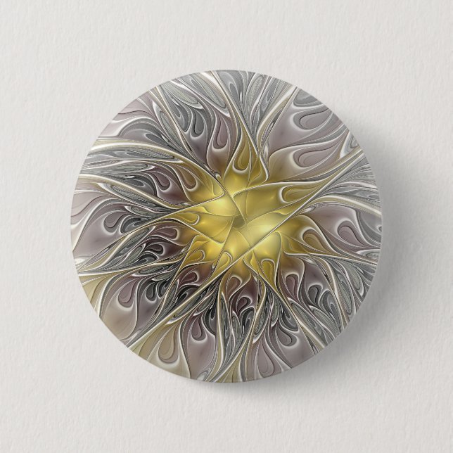 Flourish With Gold Modern Abstract Fractal Flower 2 Inch Round Button (Front)