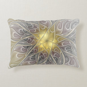 Flourish With Gold Modern Abstract Fractal Flower Accent Pillow