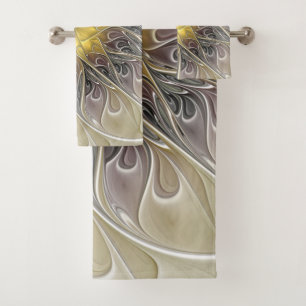 Flourish With Gold Modern Abstract Fractal Flower Bath Towel Set