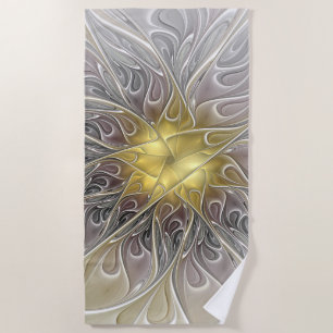 Flourish With Gold Modern Abstract Fractal Flower Beach Towel