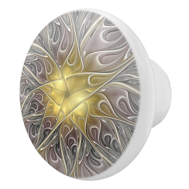 Flourish With Gold Modern Abstract Fractal Flower Ceramic Knob (Right)