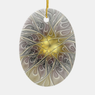 Flourish With Gold Modern Abstract Fractal Flower Ceramic Ornament