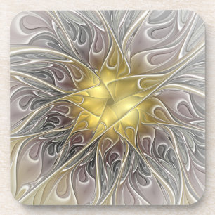 Flourish With Gold Modern Abstract Fractal Flower Coaster