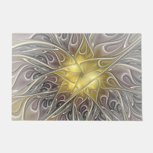 Flourish With Gold Modern Abstract Fractal Flower Doormat