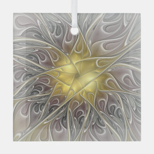 Flourish With Gold Modern Abstract Fractal Flower Glass Ornament