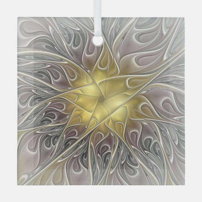 Flourish With Gold Modern Abstract Fractal Flower Glass Ornament (Front)