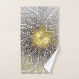 Flourish With Gold Modern Abstract Fractal Flower Hand Towel