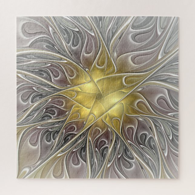 Flourish With Gold Modern Abstract Fractal Flower Jigsaw Puzzle (Vertical)