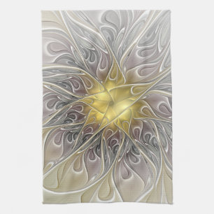 Flourish With Gold Modern Abstract Fractal Flower Kitchen Towel