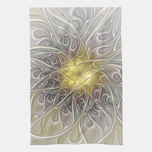 Flourish With Gold Modern Abstract Fractal Flower Kitchen Towel (Vertical)