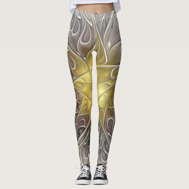 Flourish With Gold Modern Abstract Fractal Flower Leggings (Front)