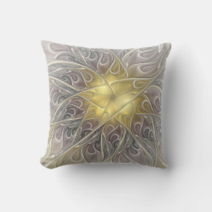 Flourish With Gold Modern Abstract Fractal Flower Outdoor Pillow