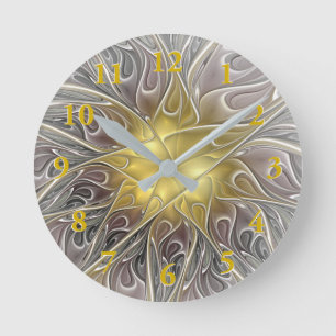 Flourish With Gold Modern Abstract Fractal Flower Round Clock