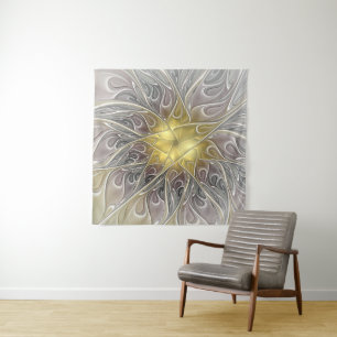 Flourish With Gold Modern Abstract Fractal Flower Tapestry