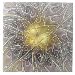 Flourish With Gold Modern Abstract Fractal Flower Tile