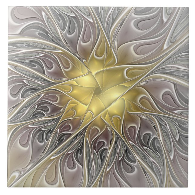 Flourish With Gold Modern Abstract Fractal Flower Tile (Front)
