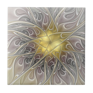 Flourish With Gold Modern Abstract Fractal Flower Tile