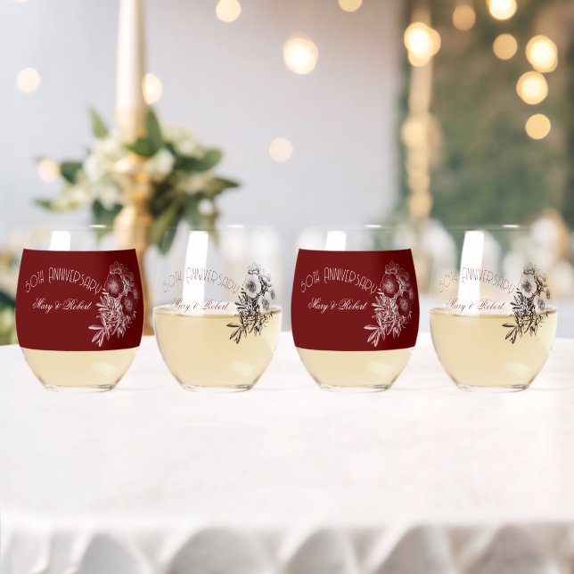 Flourished 50th anniversary - burgundy and white stemless wine glass (Insitu (Wedding))