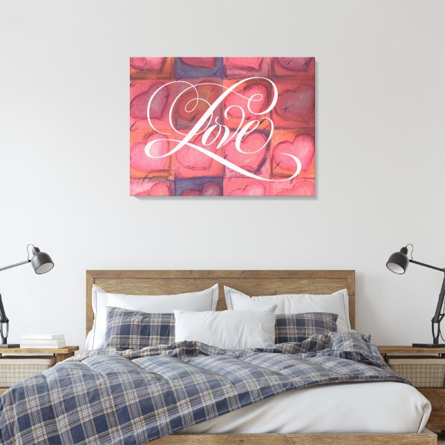 Flourished Calligraphy Lettering Love Pink Hearts Canvas Print (Insitu(Bedroom))