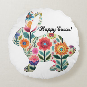 Flourished Easter Bunny Silhouette Personalizable  Round Pillow