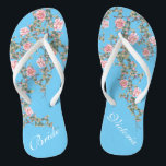 Flourishing Pink Flowers Bride Wedding Blue  Flip Flops<br><div class="desc">The flops features flourishing pink flowers illustration on bright blue background and a classic wedding words typography. This beautiful pair of elegant flip flops would be a beautiful something blue for a spring or summer wedding. ♥Customize it with your text by using the template fields. ♥ If you want to...</div>
