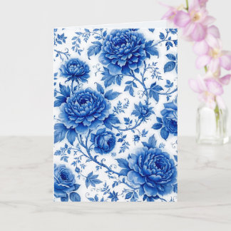 Flow Blue Blossoms Roses Peonies Cobalt Blue White Card