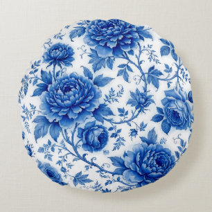 Flow Blue Blossoms Roses Peonies Cobalt Blue White Round Pillow