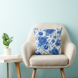 Flow Blue Blossoms Roses Peonies Cobalt Blue White Throw Pillow