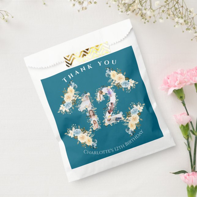 Flower 12th Birthday Teal Photo Collage Yellow Favour Bag (Sealed)