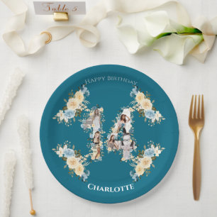 Flower 14th Birthday Teal Photo Collage Yellow Paper Plate