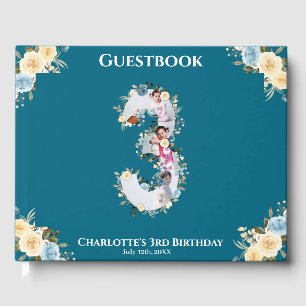 Flower 3rd Birthday Teal Photo Collage Blue Yellow Guest Book