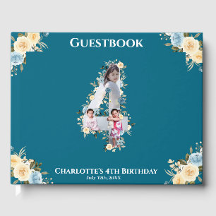 Flower 4th Birthday Teal Photo Collage Blue Yellow Guest Book